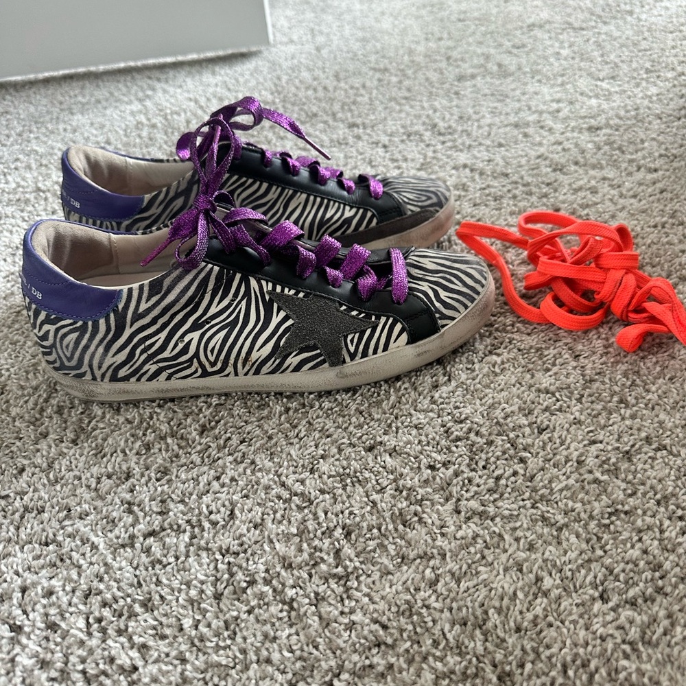 Golden Goose Zebra Print Sneakers with Purple Laces